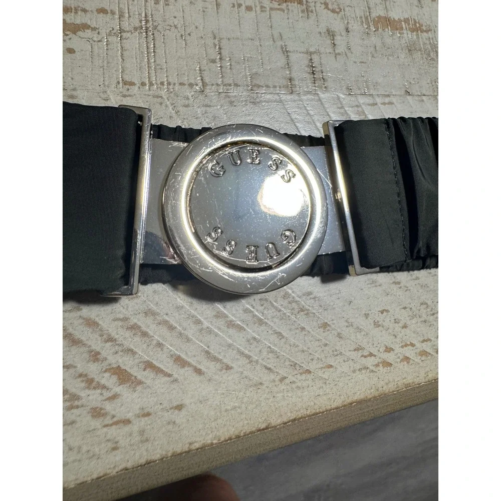 Y2K Guess Womens green Elastic Waist Belt Silver Logo Round Buckle Ruched L